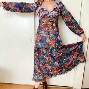 Brand née Anthropologie dress multicolor long sleeve maxi colorful red green